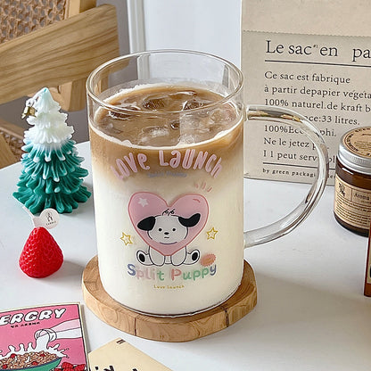 Extra-Large Cute Puppy Pattern Glass Mug With Straw