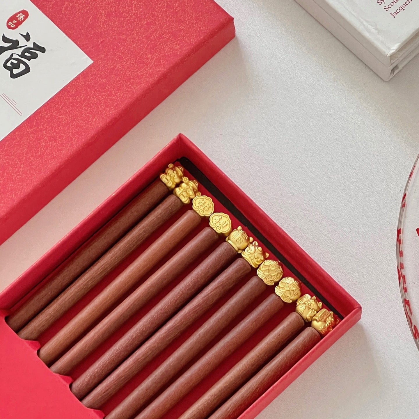 Five Blessings God of Wealth Red Sandalwood Chopsticks Gift Set (5 Pairs)