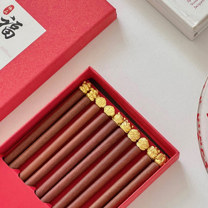 Five Blessings God of Wealth Red Sandalwood Chopsticks Gift Set (5 Pairs)