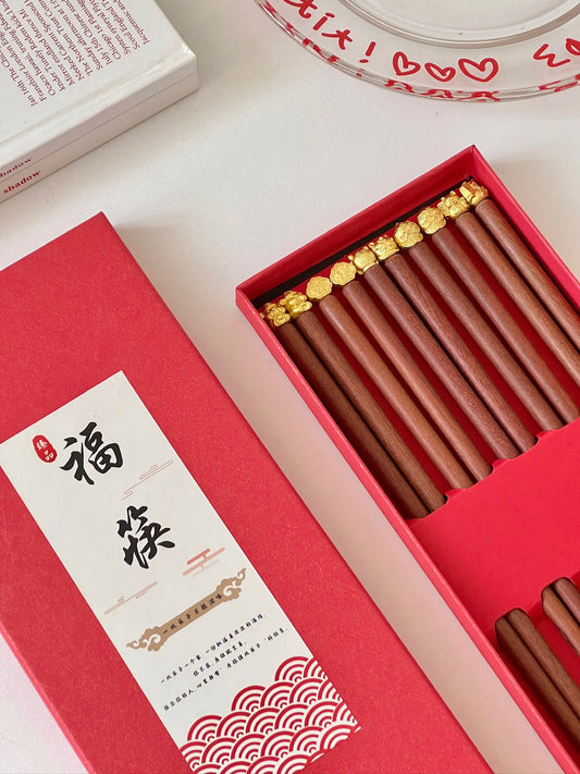 Five Blessings God of Wealth Red Sandalwood Chopsticks Gift Set (5 Pairs)