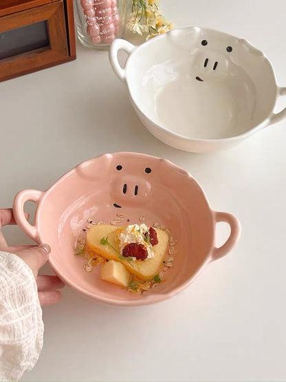 Korean Style Pink Dual-Handle Ceramic Bowl