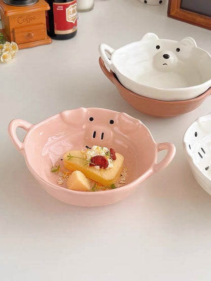 Korean Style Pink Dual-Handle Ceramic Bowl