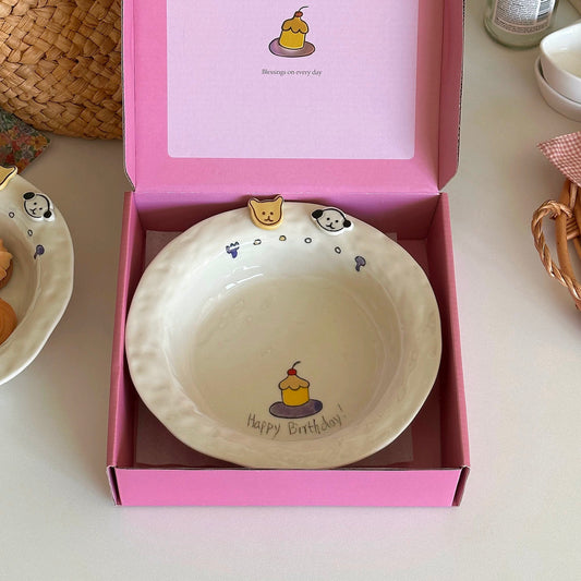 Handmade Cartoon Ceramic Plate with Gift Box – Happy Birthday Theme