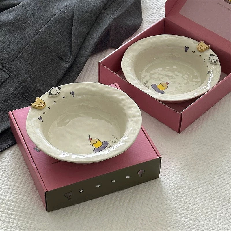 Handmade Cartoon Ceramic Plate with Gift Box – Happy Birthday Theme