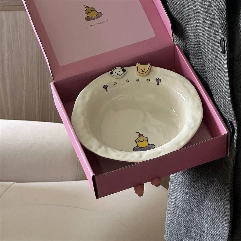 Handmade Cartoon Ceramic Plate with Gift Box – Happy Birthday Theme