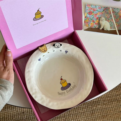Handmade Cartoon Ceramic Plate with Gift Box – Happy Birthday Theme