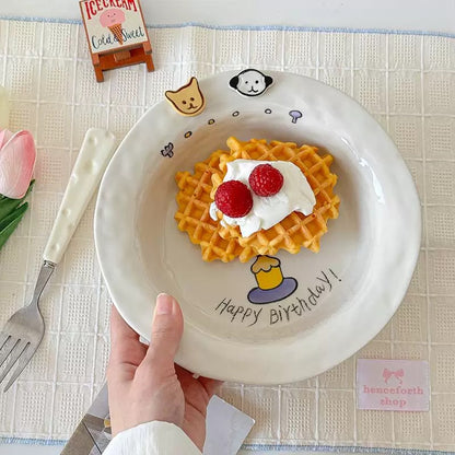 Handmade Cartoon Ceramic Plate with Gift Box – Happy Birthday Theme