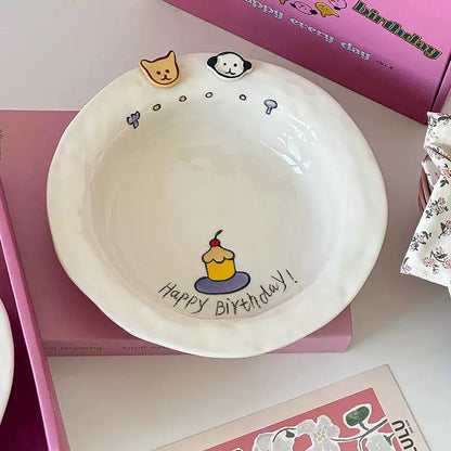 Handmade Cartoon Ceramic Plate with Gift Box – Happy Birthday Theme