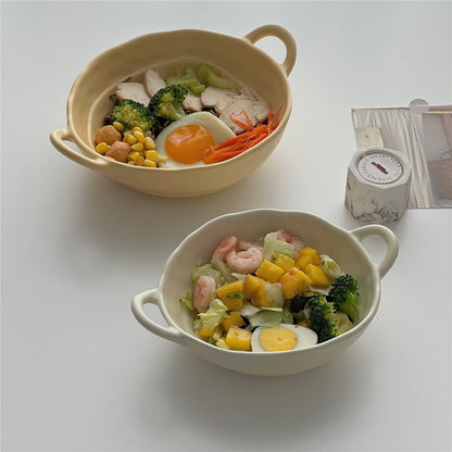Matte Handcrafted Double-Handle Ceramic Bowl (Large Capacity）