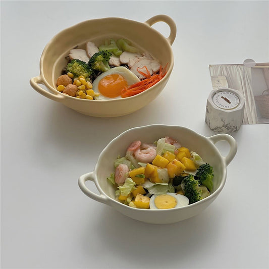 Matte Handcrafted Double-Handle Ceramic Bowl (Large Capacity）