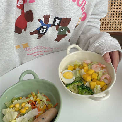 Matte Handcrafted Double-Handle Ceramic Bowl (Large Capacity）