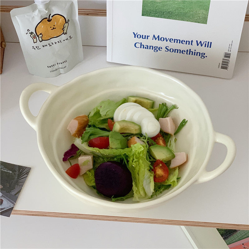 Matte Handcrafted Double-Handle Ceramic Bowl (Large Capacity）