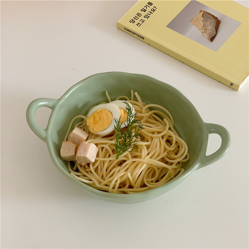 Matte Handcrafted Double-Handle Ceramic Bowl (Large Capacity）