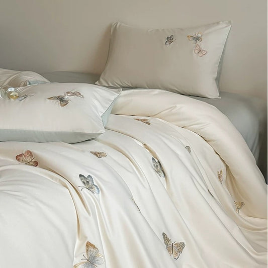 100S Embroidered Butterfly High-Thread-Count Cotton Brushed 4-Piece Bedding Set
