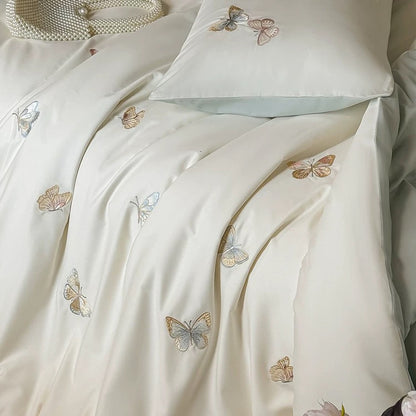 100S Embroidered Butterfly High-Thread-Count Cotton Brushed 4-Piece Bedding Set