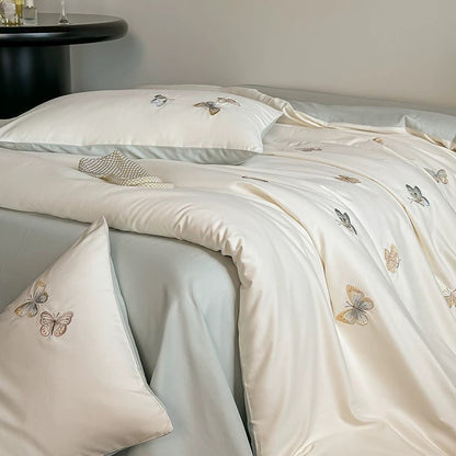 100S Embroidered Butterfly High-Thread-Count Cotton Brushed 4-Piece Bedding Set