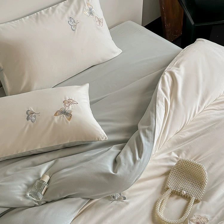 100S Embroidered Butterfly High-Thread-Count Cotton Brushed 4-Piece Bedding Set