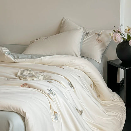 100S Embroidered Butterfly High-Thread-Count Cotton Brushed 4-Piece Bedding Set
