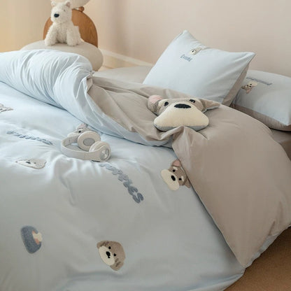 100S High Thread Count Blue Cotton Bedding Set with Schnauzer Embroidery
