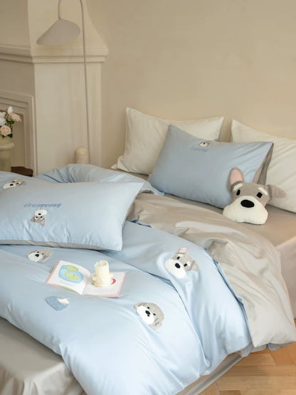 100S High Thread Count Blue Cotton Bedding Set with Schnauzer Embroidery