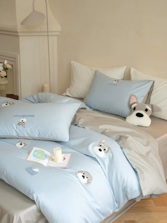 100S High Thread Count Blue Cotton Bedding Set with Schnauzer Embroidery