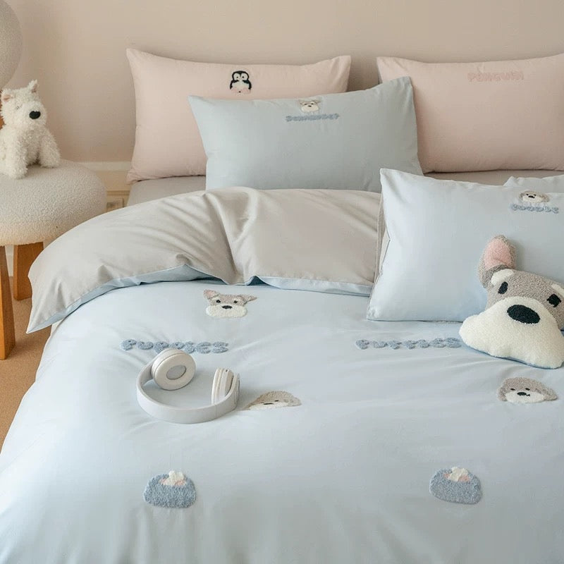 100S High Thread Count Blue Cotton Bedding Set with Schnauzer Embroidery