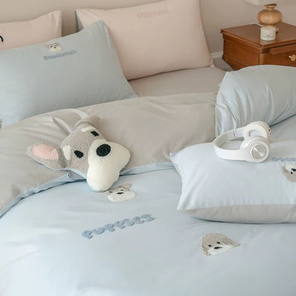100S High Thread Count Blue Cotton Bedding Set with Schnauzer Embroidery