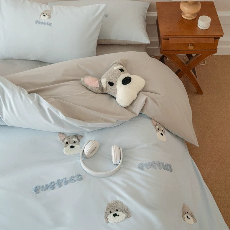 100S High Thread Count Blue Cotton Bedding Set with Schnauzer Embroidery