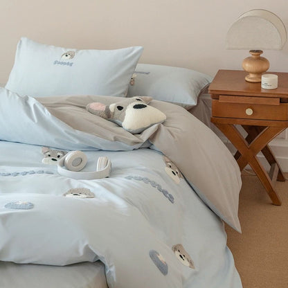 100S High Thread Count Blue Cotton Bedding Set with Schnauzer Embroidery
