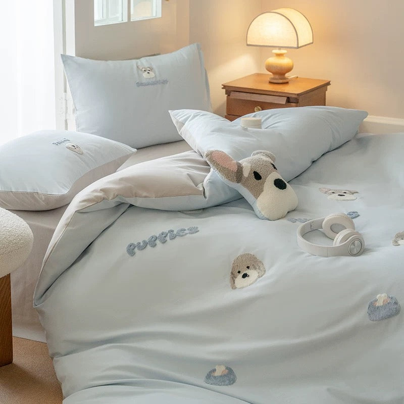 100S High Thread Count Blue Cotton Bedding Set with Schnauzer Embroidery