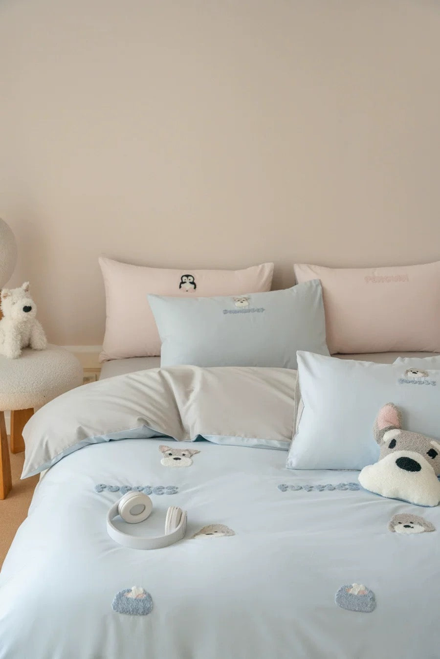 100S High Thread Count Blue Cotton Bedding Set with Schnauzer Embroidery