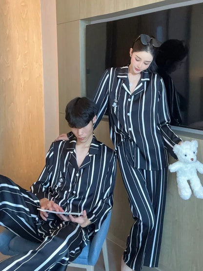 Striped Cat & Dog Couple Silk Long Sleeve Pajama Set