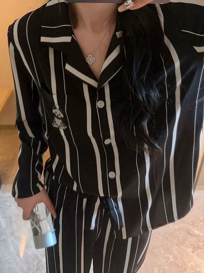 Striped Cat & Dog Couple Silk Long Sleeve Pajama Set