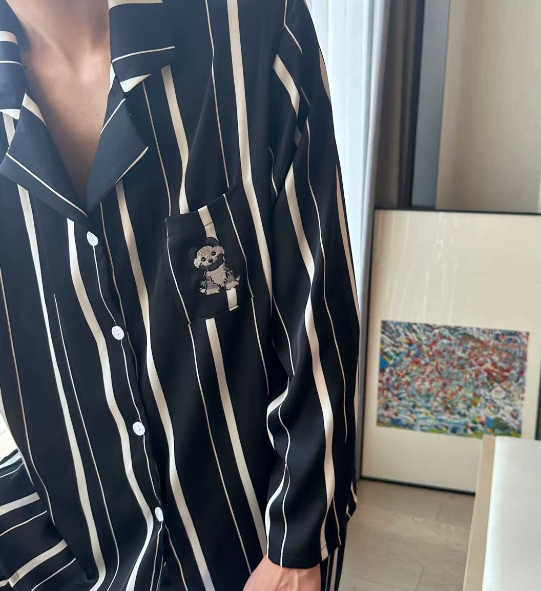 Striped Cat & Dog Couple Silk Long Sleeve Pajama Set