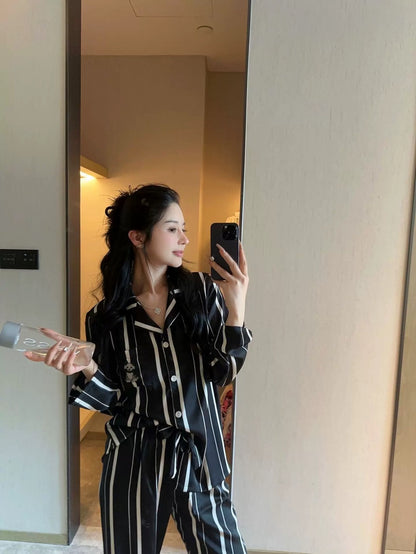 Striped Cat & Dog Couple Silk Long Sleeve Pajama Set