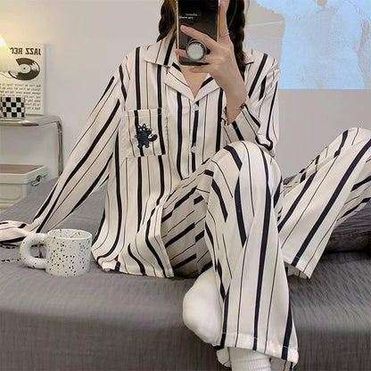 Striped Cat & Dog Couple Silk Long Sleeve Pajama Set
