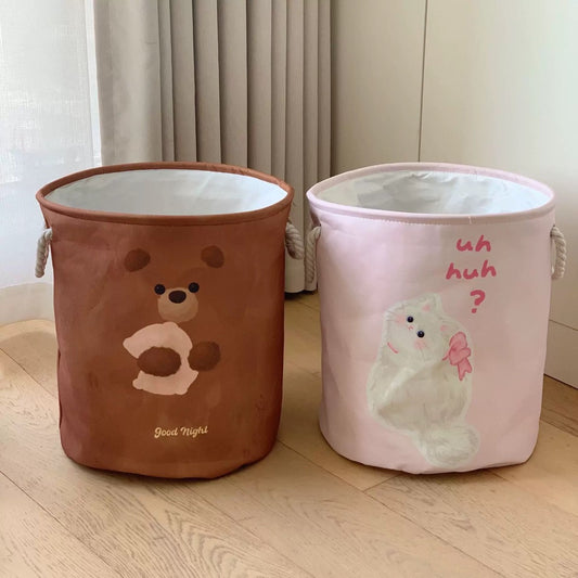 Pink Bow Cat & Brown Plush Bear Laundry Baskets