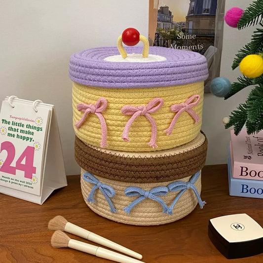 Yellow Woven Storage Basket with Lid & Bows