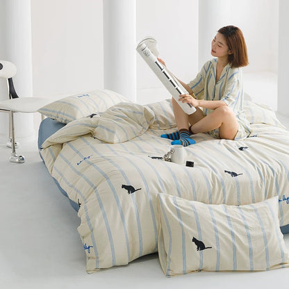 Blue Striped Cat Cotton Bedding 4-Piece Set