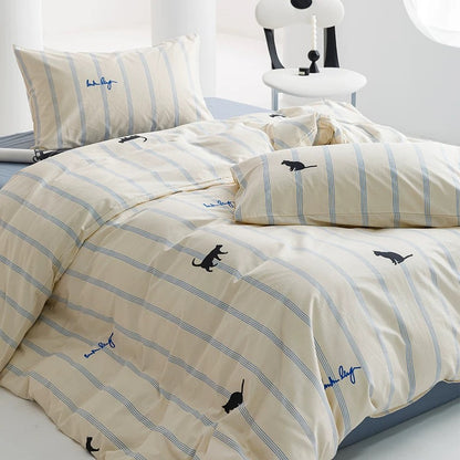 Blue Striped Cat Cotton Bedding 4-Piece Set