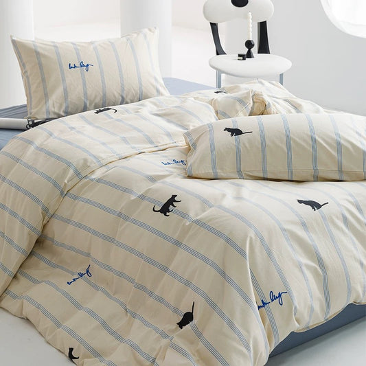 Blue Striped Cat Cotton Bedding 4-Piece Set