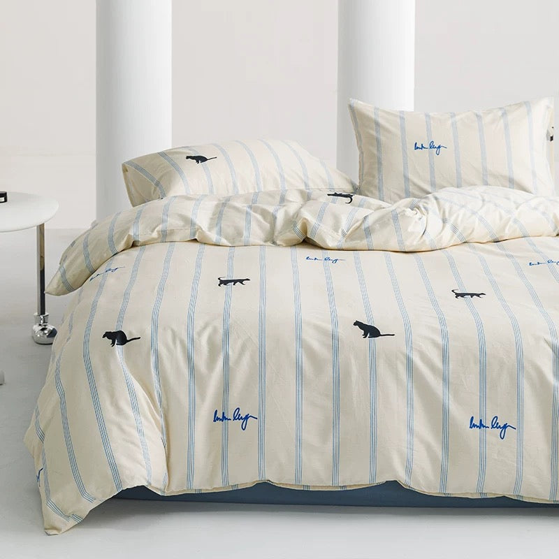 Blue Striped Cat Cotton Bedding 4-Piece Set