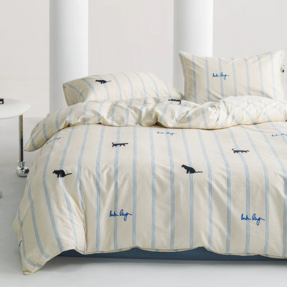 Blue Striped Cat Cotton Bedding 4-Piece Set