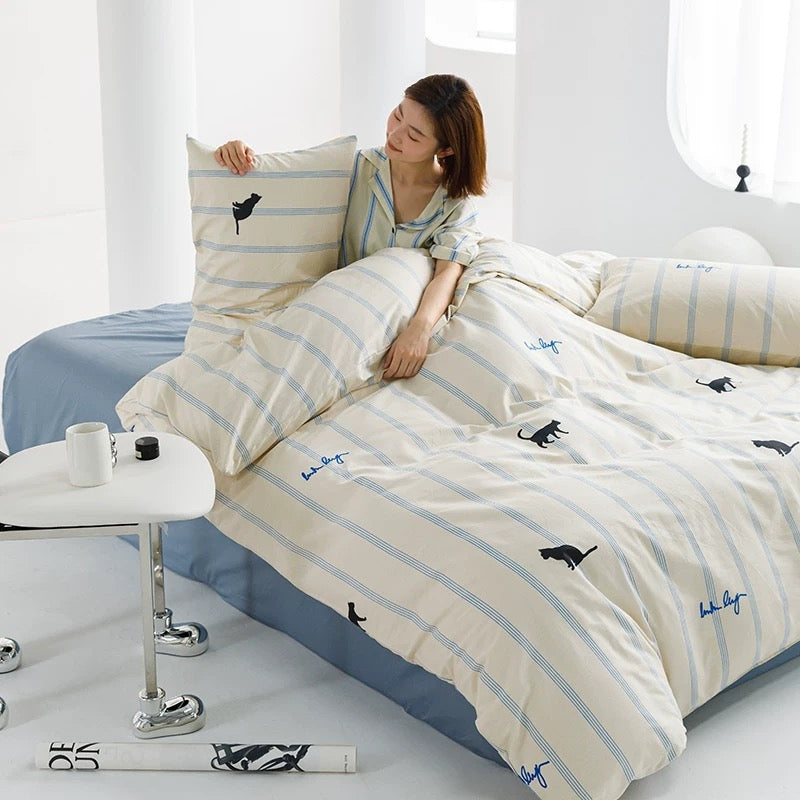 Blue Striped Cat Cotton Bedding 4-Piece Set
