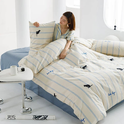 Blue Striped Cat Cotton Bedding 4-Piece Set