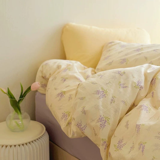 Korean Pastoral Style Purple Floral Cotton Bedding Set (4-Piece)