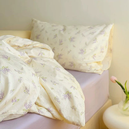 Korean Pastoral Style Purple Floral Cotton Bedding Set (4-Piece)