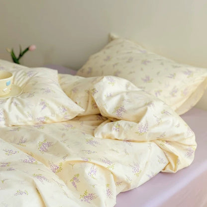 Korean Pastoral Style Purple Floral Cotton Bedding Set (4-Piece)