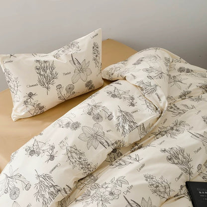 French Line-Drawn Botanical Cotton Bedding Set (4-Piece)