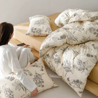 French Line-Drawn Botanical Cotton Bedding Set (4-Piece)